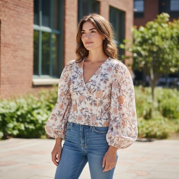 Joie Tops - Joie Floral Puff Sleeve Blouse - Cream and Brown